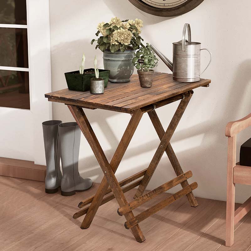 Foldable Table JANET made of beech wood in walnut color, dimensions 60x60x75cm, ideal for garden and balcony use.