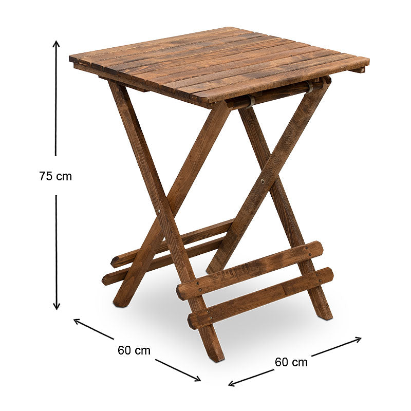 Foldable Table JANET made of beech wood in walnut color, dimensions 60x60x75cm, ideal for garden and balcony use.