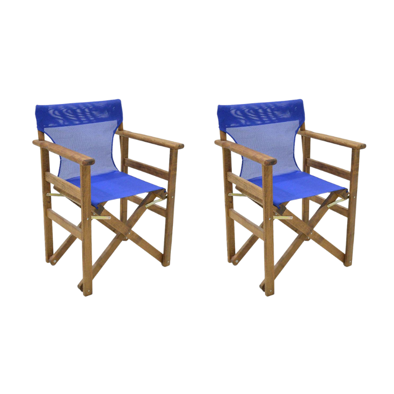 Folding Garden Armchair SPACE in walnut blue with perforated cloth, showcasing its sturdy wooden frame and stylish design.