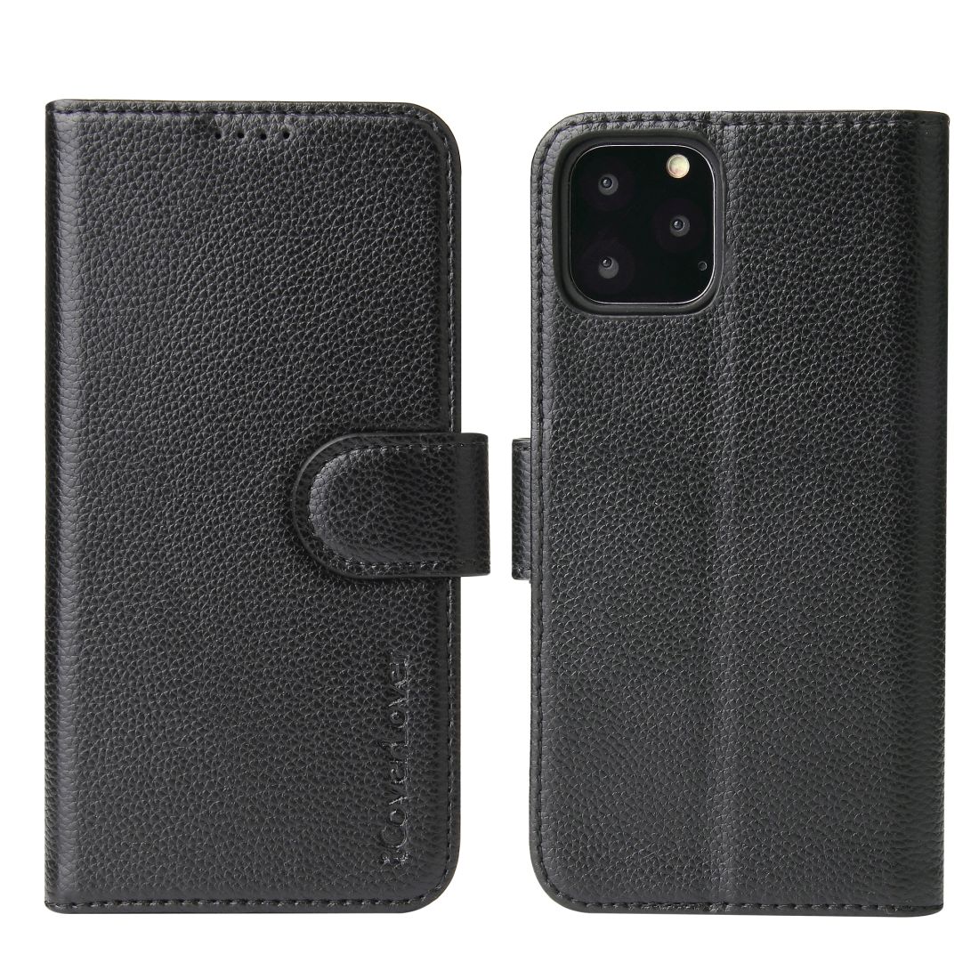 iCoverLover black genuine leather wallet case for iPhone 11 Pro with card slots and magnetic closure.