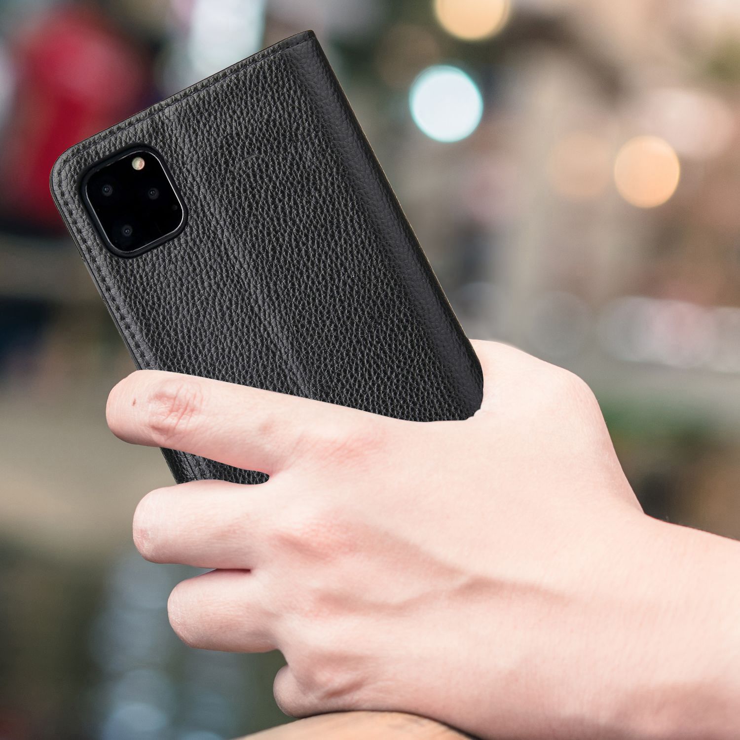 iCoverLover black genuine leather wallet case for iPhone 11 Pro with card slots and magnetic closure.