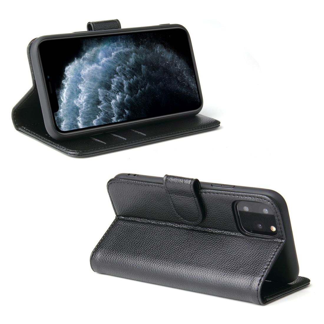 iCoverLover black genuine leather wallet case for iPhone 11 Pro with card slots and magnetic closure.