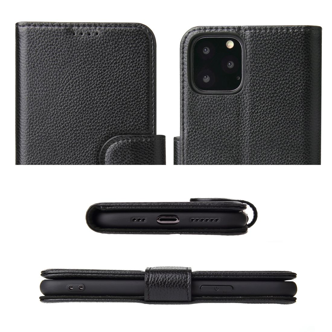 iCoverLover black genuine leather wallet case for iPhone 11 Pro with card slots and magnetic closure.