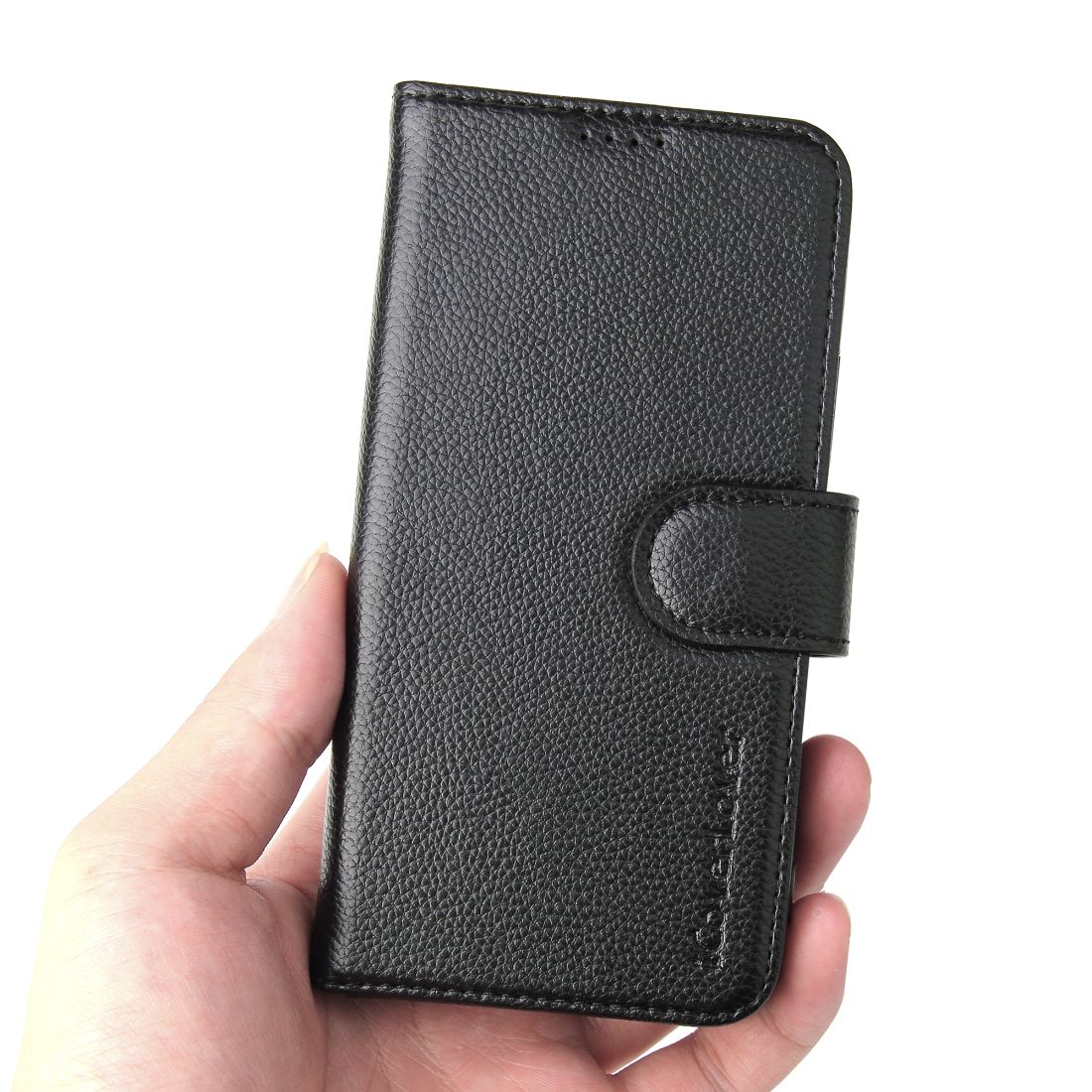 iCoverLover black genuine leather wallet case for iPhone 11 Pro with card slots and magnetic closure.