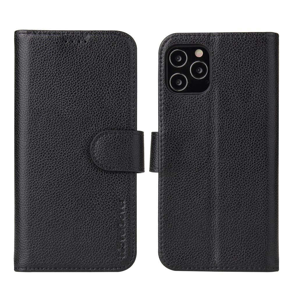 iCoverLover Black Genuine Cow Leather Wallet Case for iPhone 12 mini with card slots and kickstand feature.