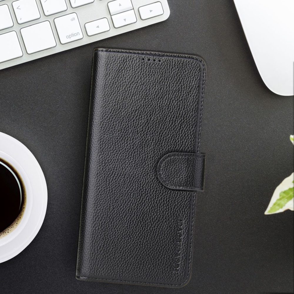 iCoverLover Black Genuine Cow Leather Wallet Case for iPhone 12 mini with card slots and kickstand feature.