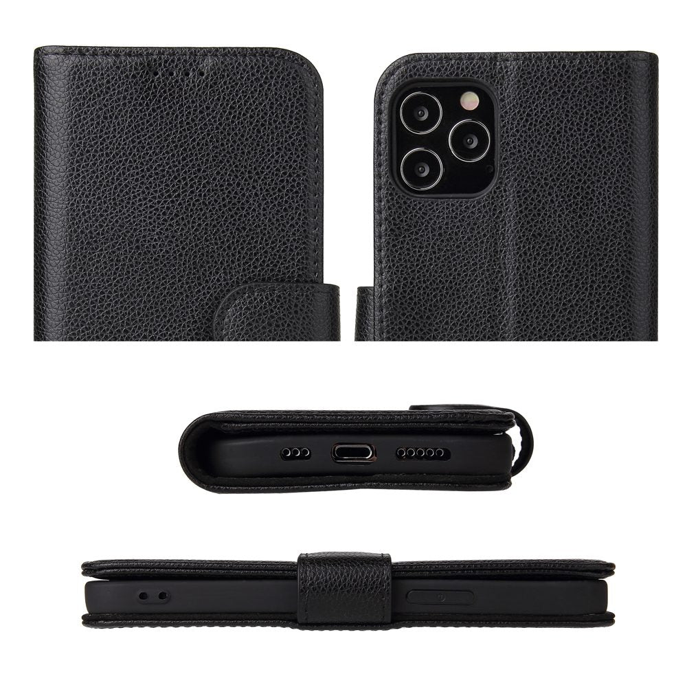 iCoverLover Black Genuine Cow Leather Case for iPhone 12 Pro Max with card slots and kickstand.