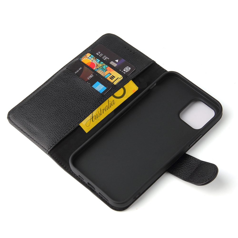 iCoverLover Black Genuine Cow Leather Case for iPhone 12 Pro Max with card slots and kickstand.