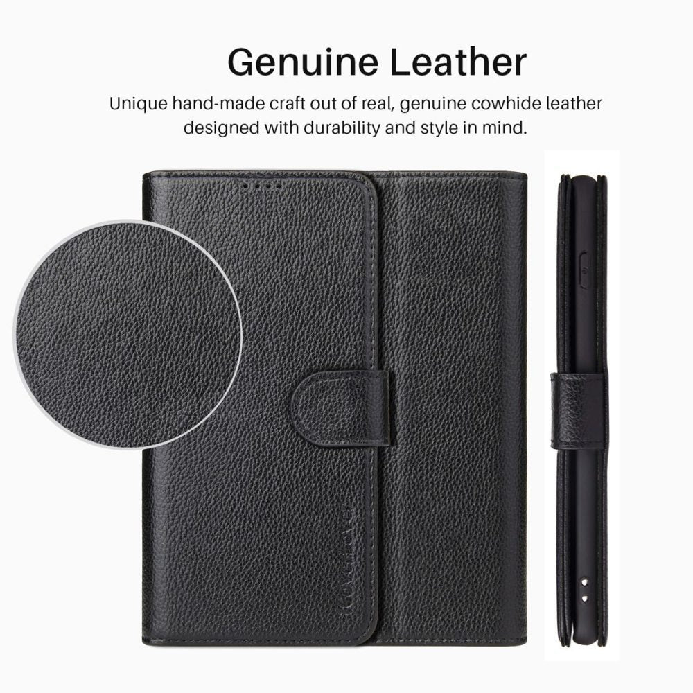 iCoverLover Black Genuine Cow Leather Wallet Folio for iPhone 13 with card slots and kickstand feature.