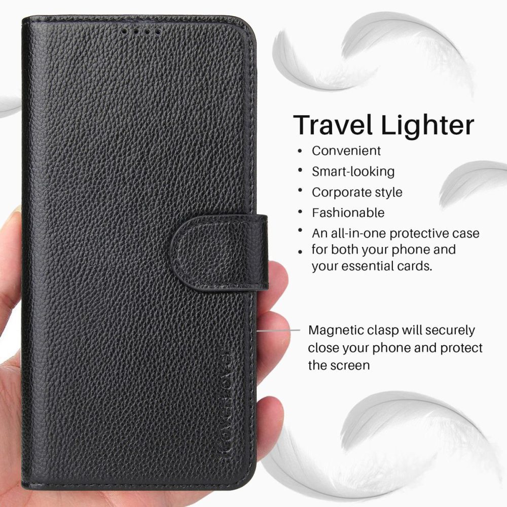 iCoverLover Black Genuine Cow Leather Wallet Folio for iPhone 13 with card slots and kickstand feature.