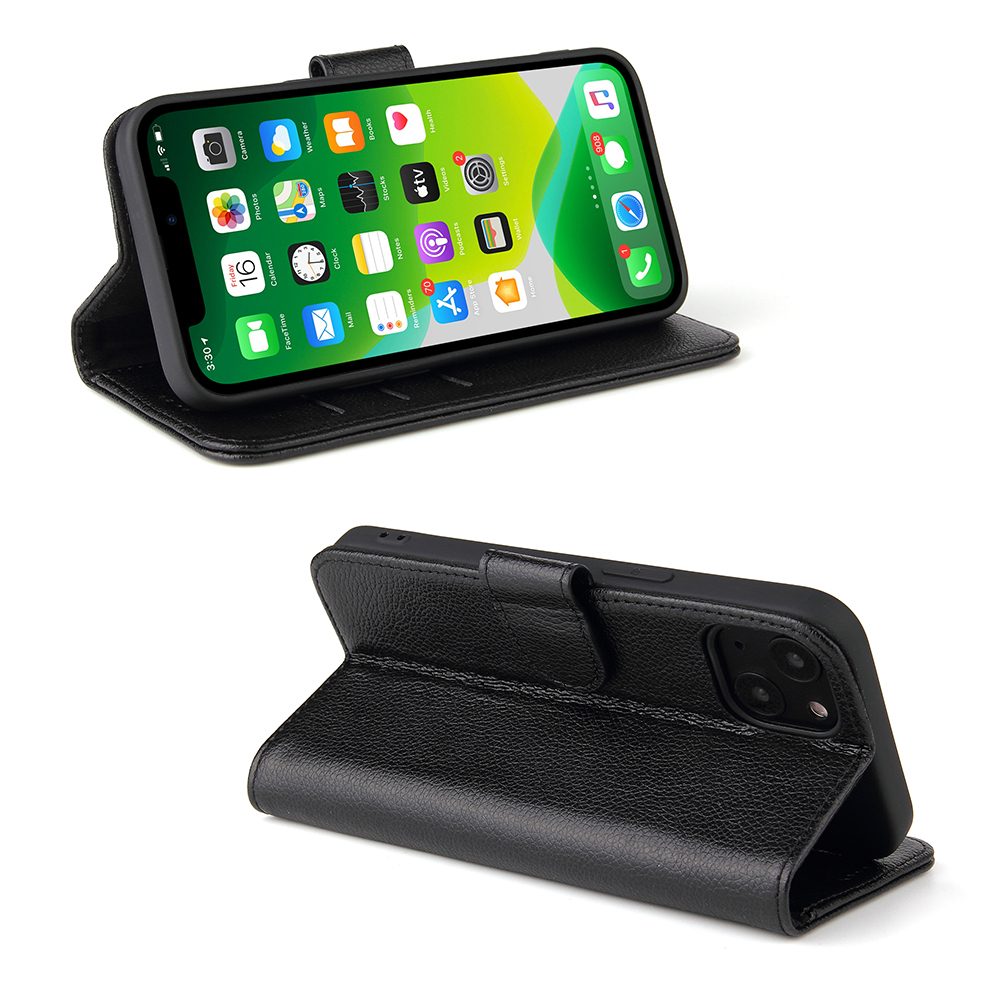 iCoverLover Black Genuine Cow Leather Wallet Folio for iPhone 13 with card slots and kickstand feature.
