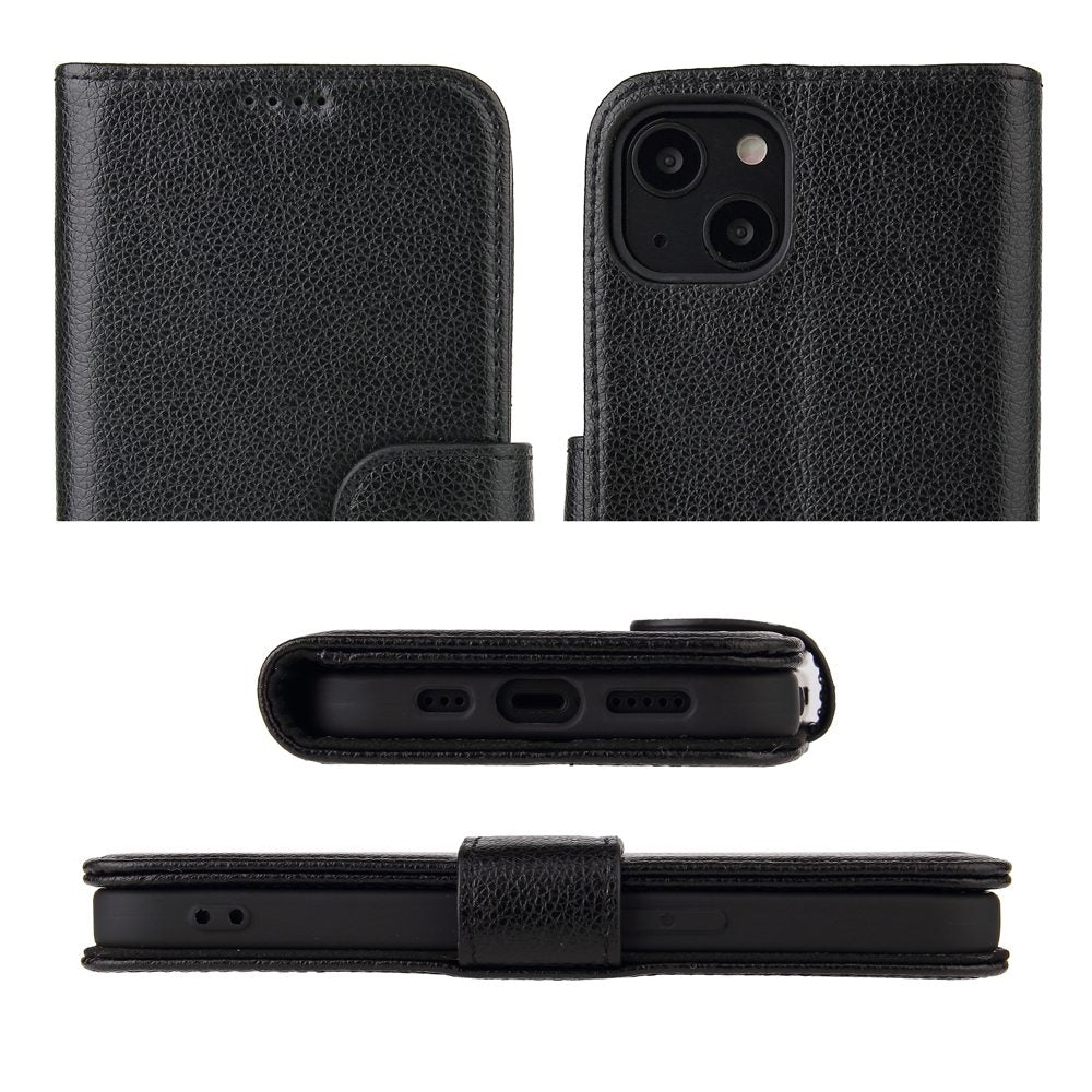 iCoverLover Black Genuine Cow Leather Wallet Folio for iPhone 13 with card slots and kickstand feature.