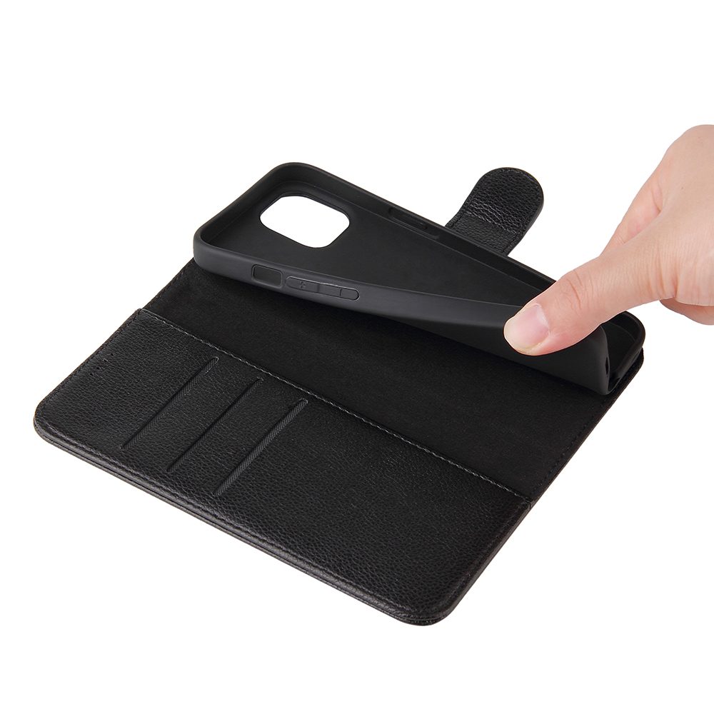 iCoverLover Black Genuine Cow Leather Wallet Folio for iPhone 13 with card slots and kickstand feature.