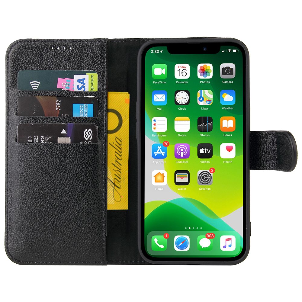 iCoverLover Black Genuine Cow Leather Wallet Case for iPhone 13 Pro with card slots and kickstand.