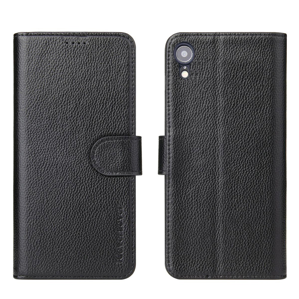 iCoverLover Black Genuine Leather Wallet Folio Case for iPhone XR with card slots and cash compartment.