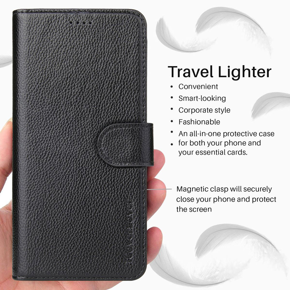 iCoverLover Black Genuine Leather Wallet Folio Case for iPhone XR with card slots and cash compartment.