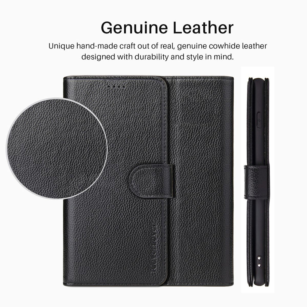 iCoverLover Black Genuine Leather Wallet Folio Case for iPhone XR with card slots and cash compartment.