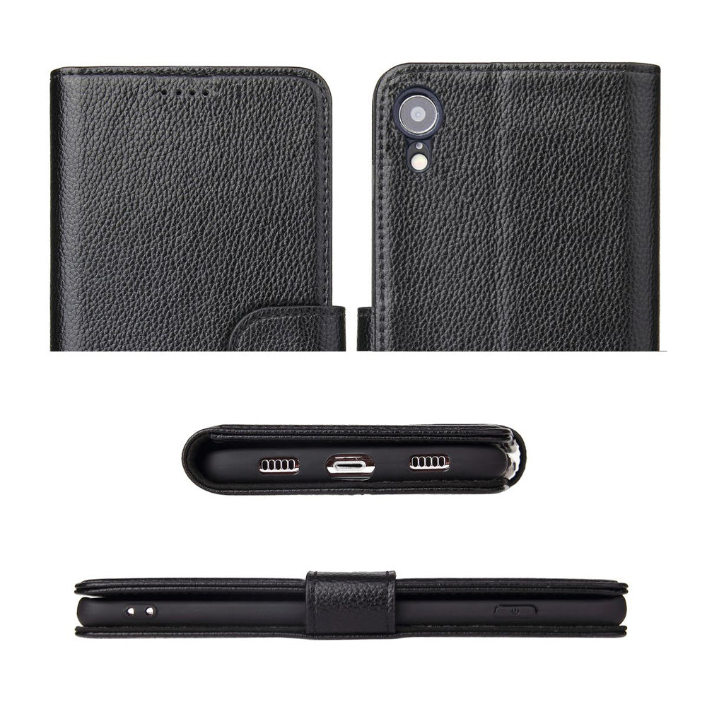 iCoverLover Black Genuine Leather Wallet Folio Case for iPhone XR with card slots and cash compartment.
