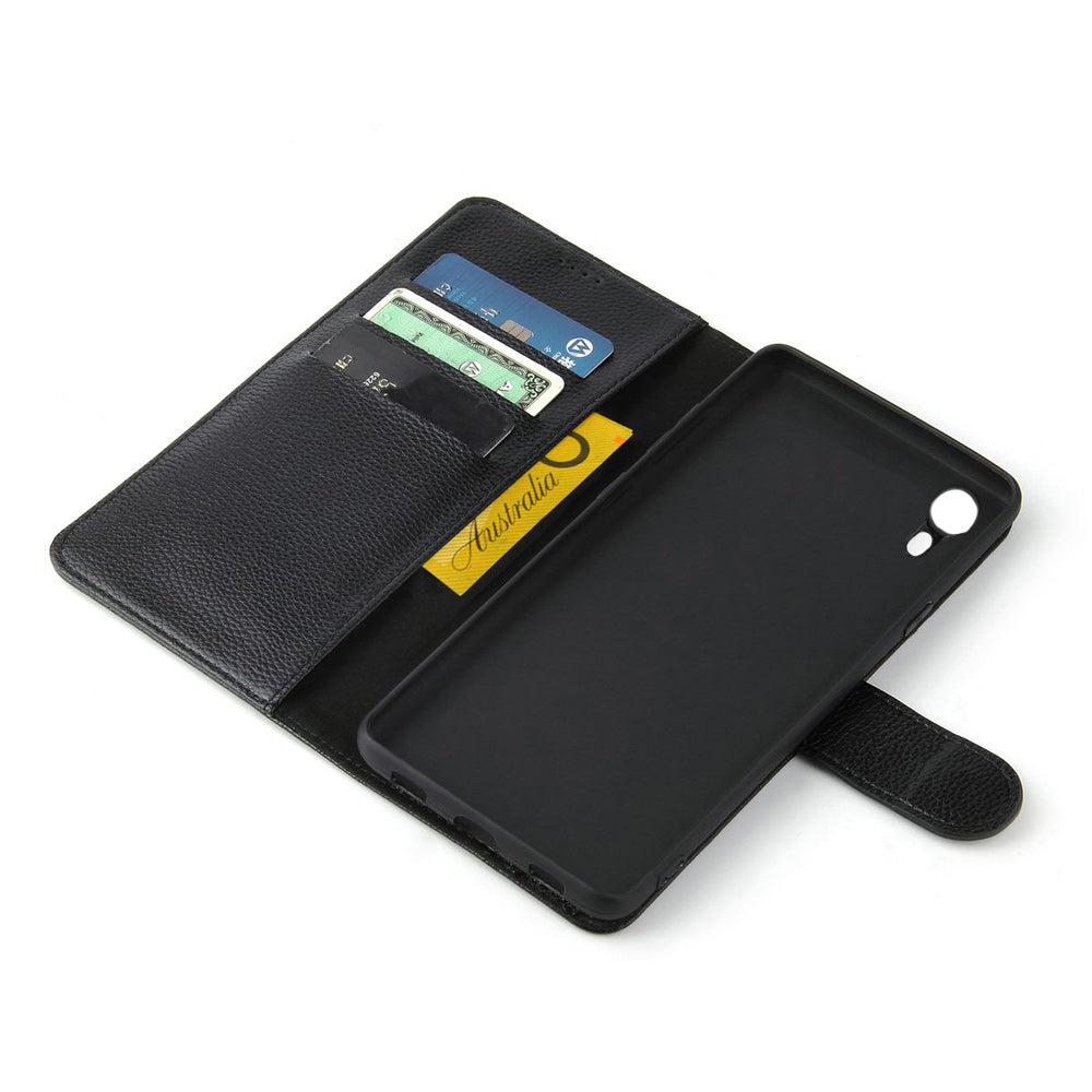 iCoverLover Black Genuine Leather Wallet Folio Case for iPhone XR with card slots and cash compartment.