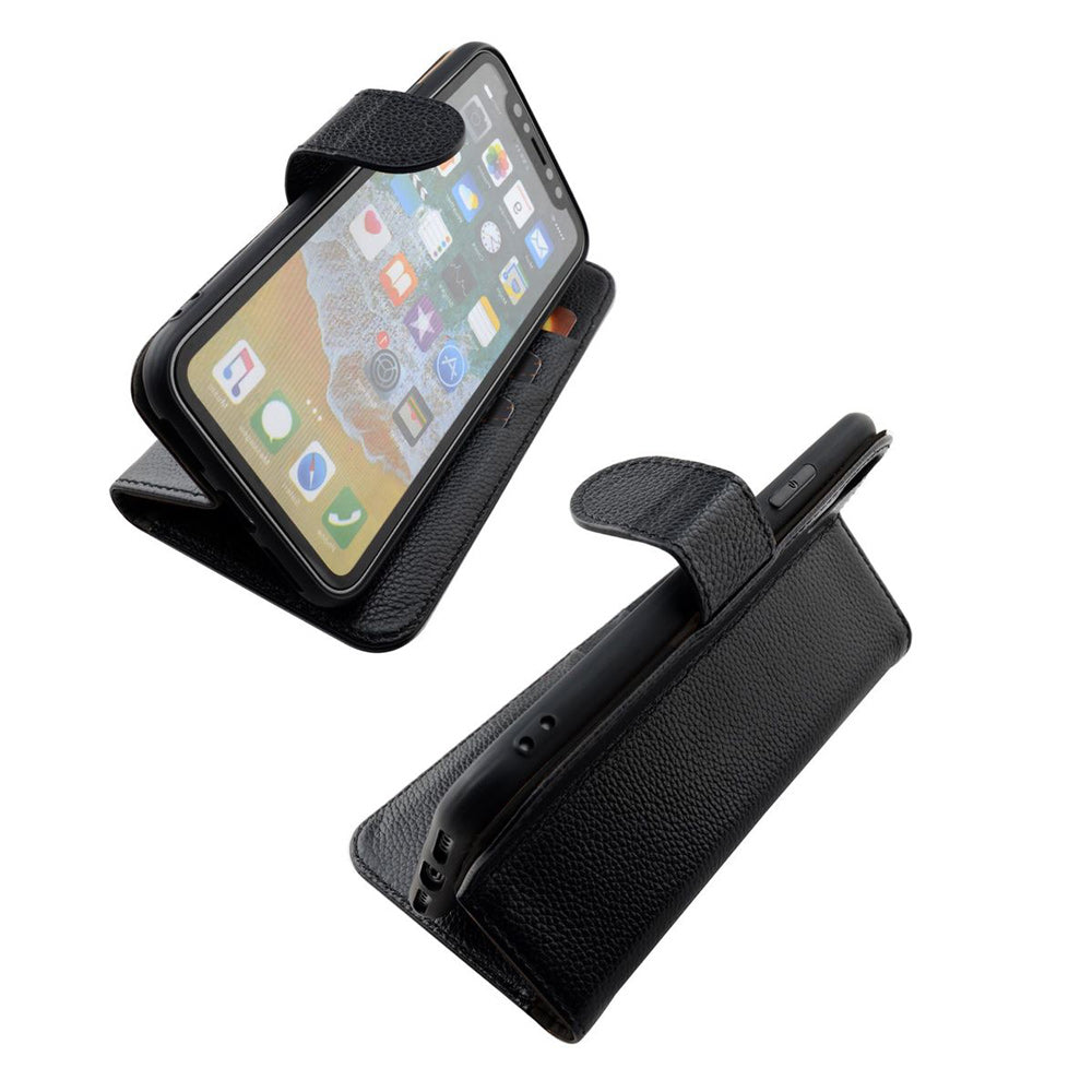 iCoverLover Black Genuine Leather Wallet Folio Case for iPhone XR with card slots and cash compartment.
