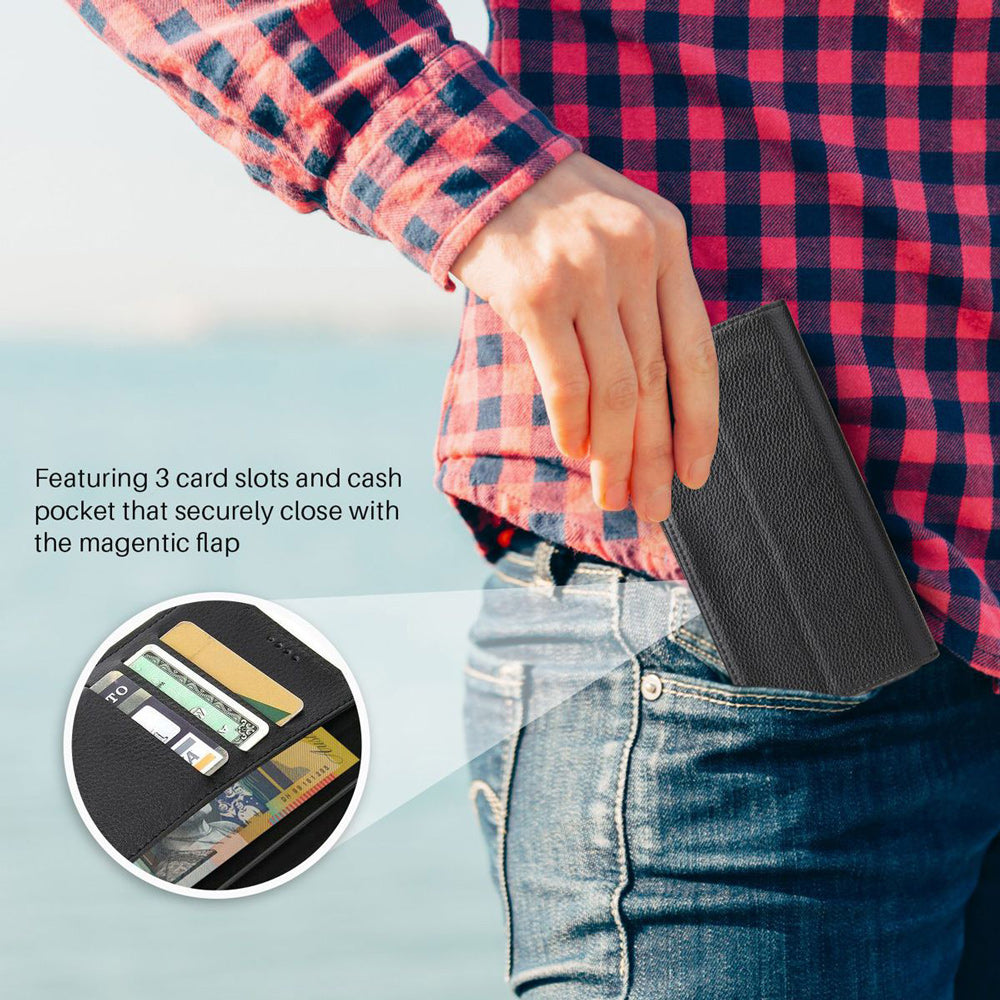 iCoverLover Black Genuine Leather Wallet Folio Case for iPhone XR with card slots and cash compartment.