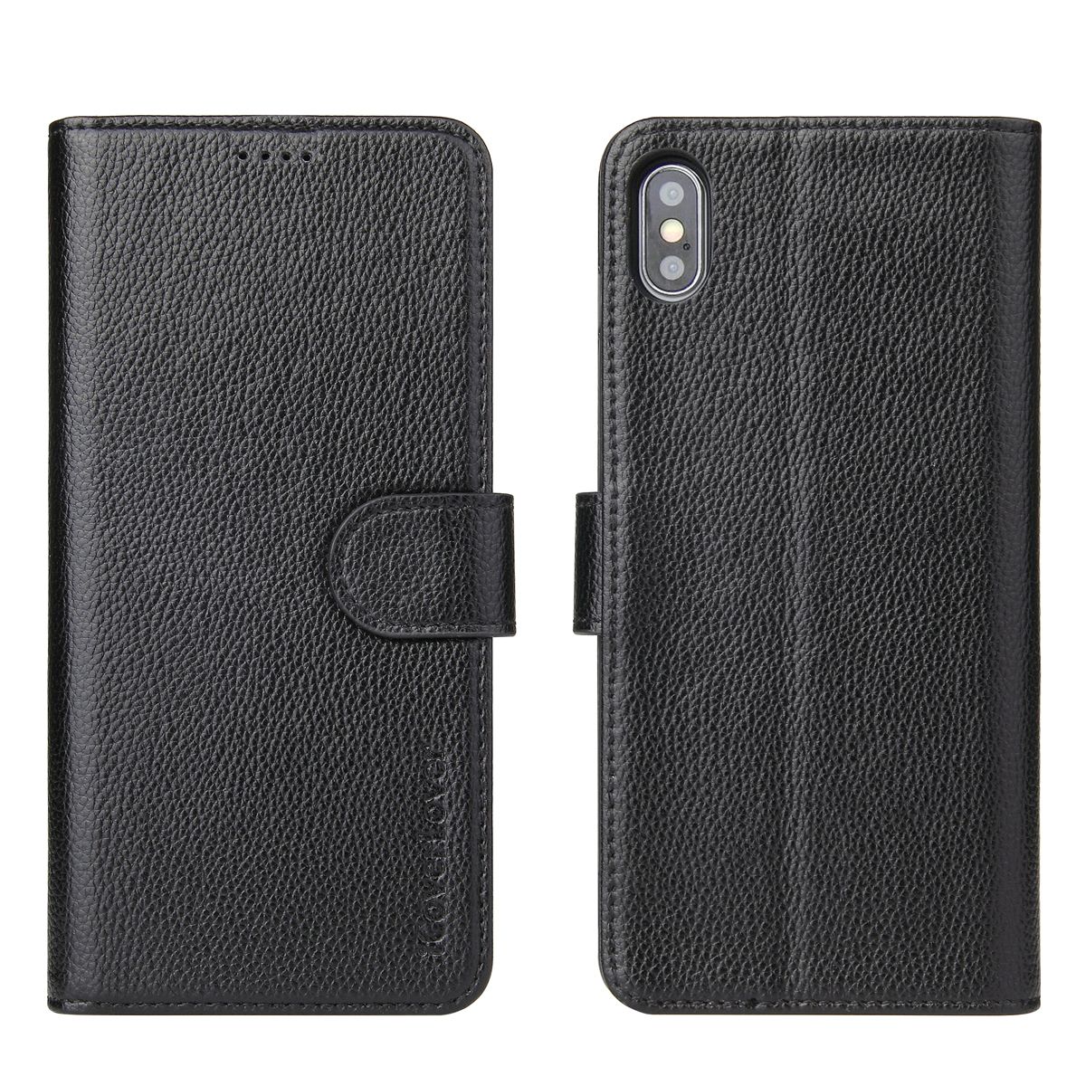 iCoverLover Genuine Cow Leather Wallet Flip Case for iPhone XS and X, featuring card slots and cash compartment.