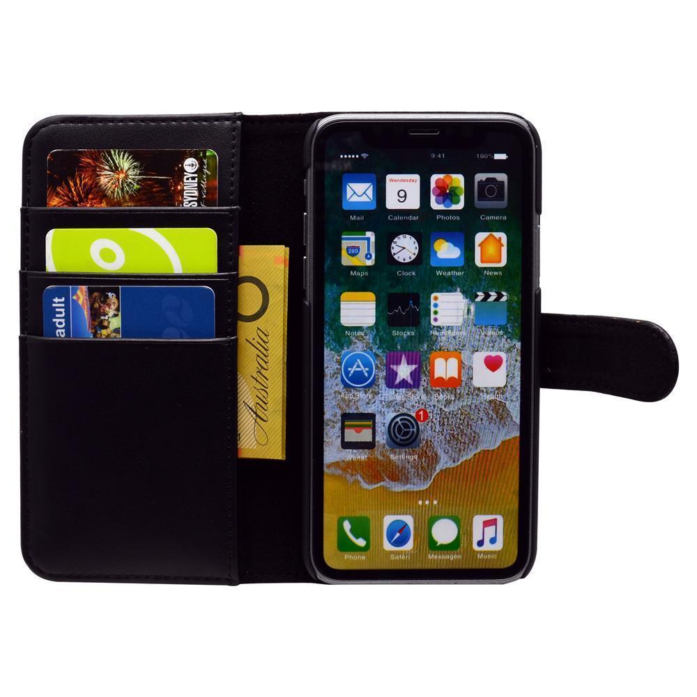 iCoverLover Genuine Cow Leather Wallet Flip Case for iPhone XS and X, featuring card slots and cash compartment.