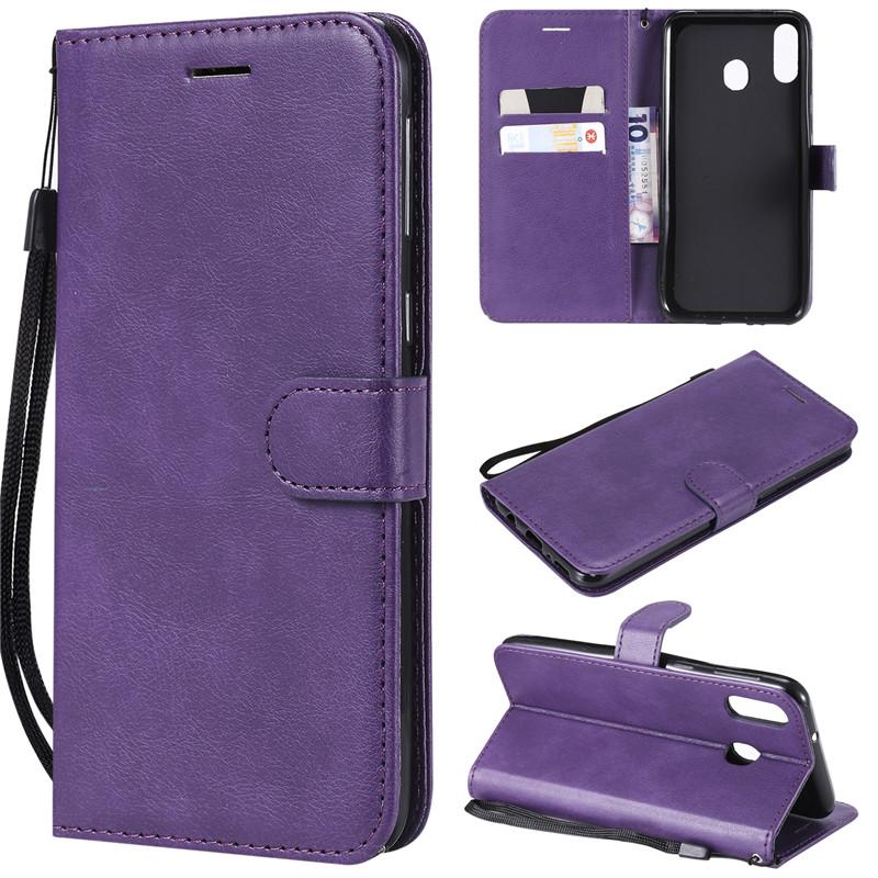 Samsung Galaxy A20/A30/A50 Flip Cover Wallet Case in various colors including blue, purple, red, and black, showcasing card slots and a kickstand feature.