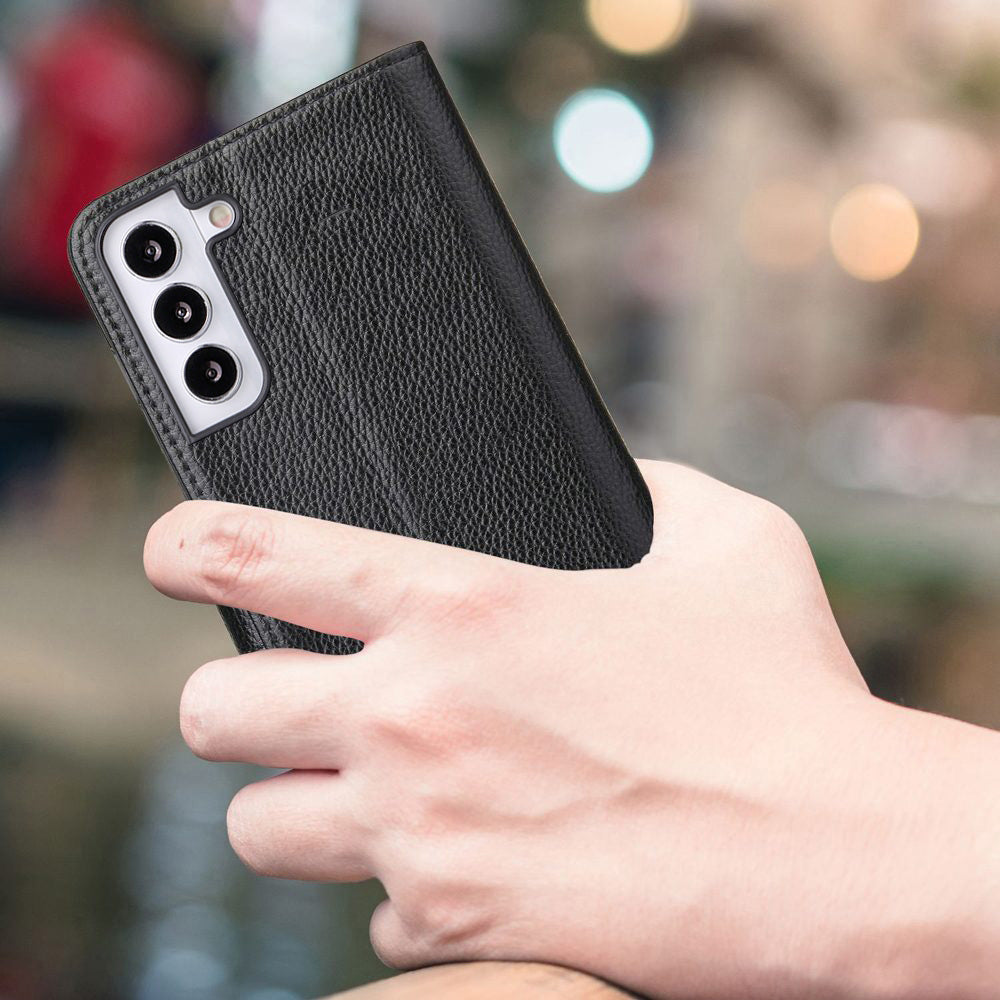 iCoverLover Genuine Leather Wallet Case for Samsung Galaxy S22+ Plus, featuring card slots and a kickstand in a sleek design.