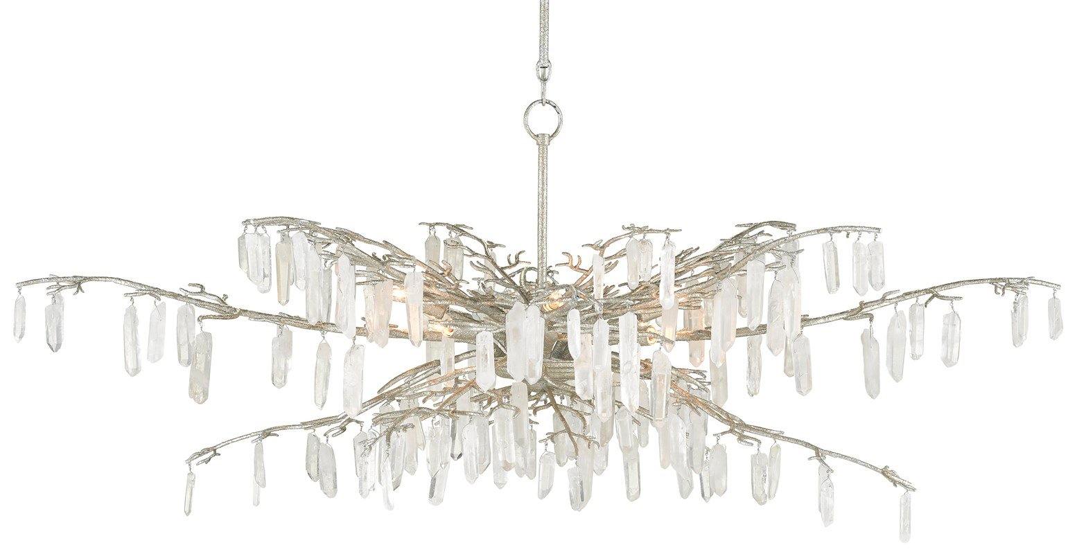 Forest Dawn Silver Chandelier featuring natural crystals and a textured silver finish, elegantly designed for formal spaces.