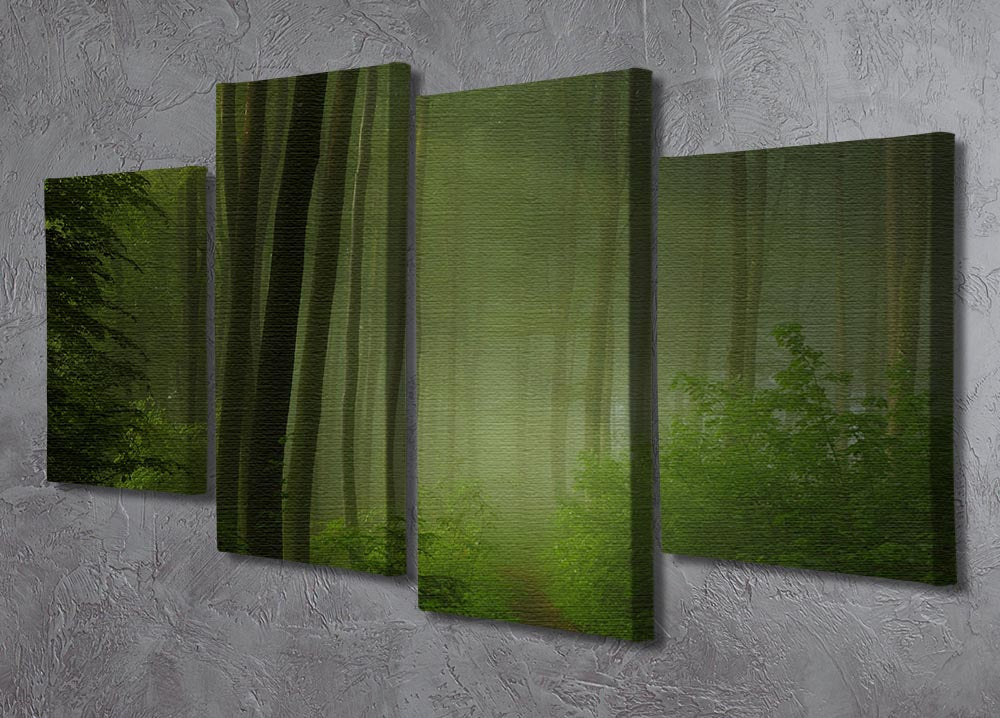 A beautiful 4-split canvas artwork depicting a serene forest morning, showcasing vibrant colors and intricate details across four panels.