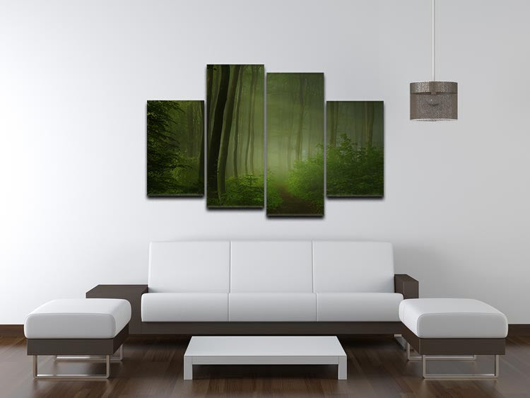 A beautiful 4-split canvas artwork depicting a serene forest morning, showcasing vibrant colors and intricate details across four panels.
