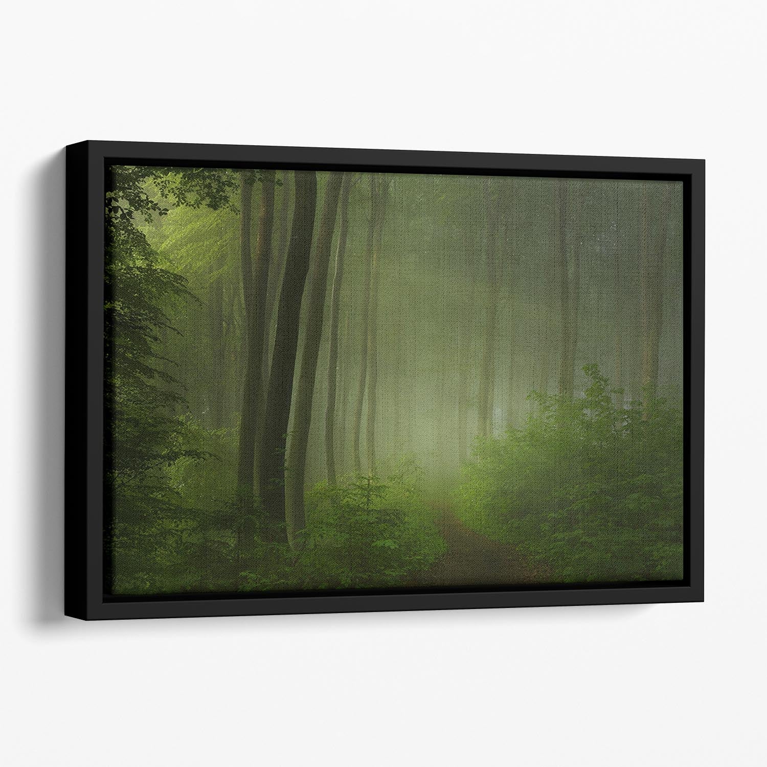 Forest Morning Floating Framed Canvas featuring vibrant abstract design in elegant wooden frame.