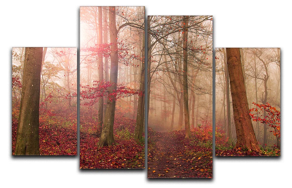 A beautiful 4-split canvas artwork depicting a serene forest scene, showcasing vibrant colors and intricate details across four panels.