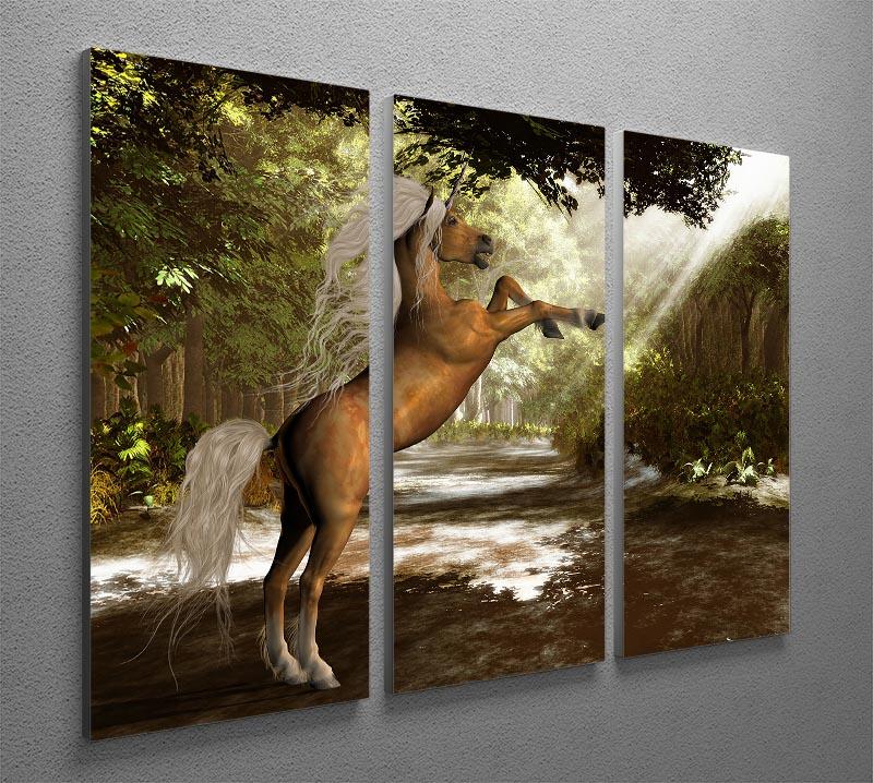 A beautiful 3-panel canvas print featuring a mystical forest unicorn, enhancing interior decor with vibrant colors and enchanting design.