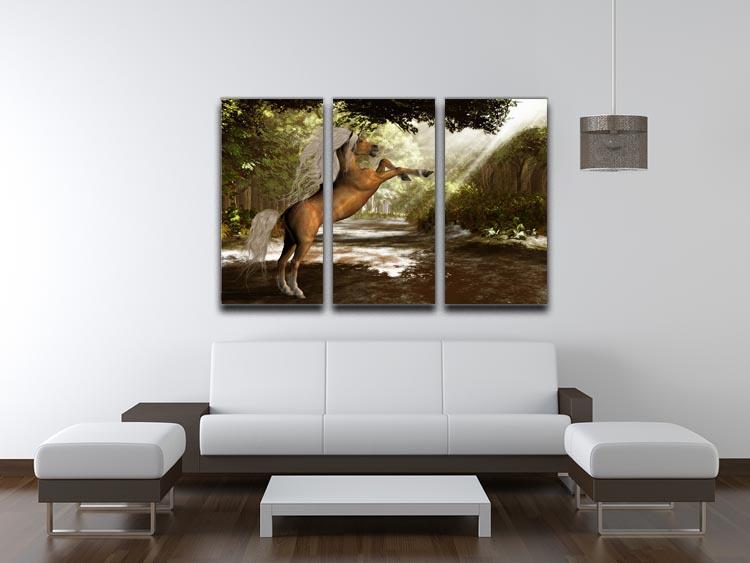 A beautiful 3-panel canvas print featuring a mystical forest unicorn, enhancing interior decor with vibrant colors and enchanting design.