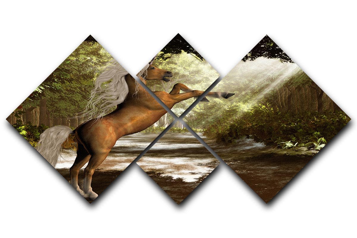 A beautiful multi-panel canvas featuring a majestic unicorn in a lush forest, divided into four equal square sections.