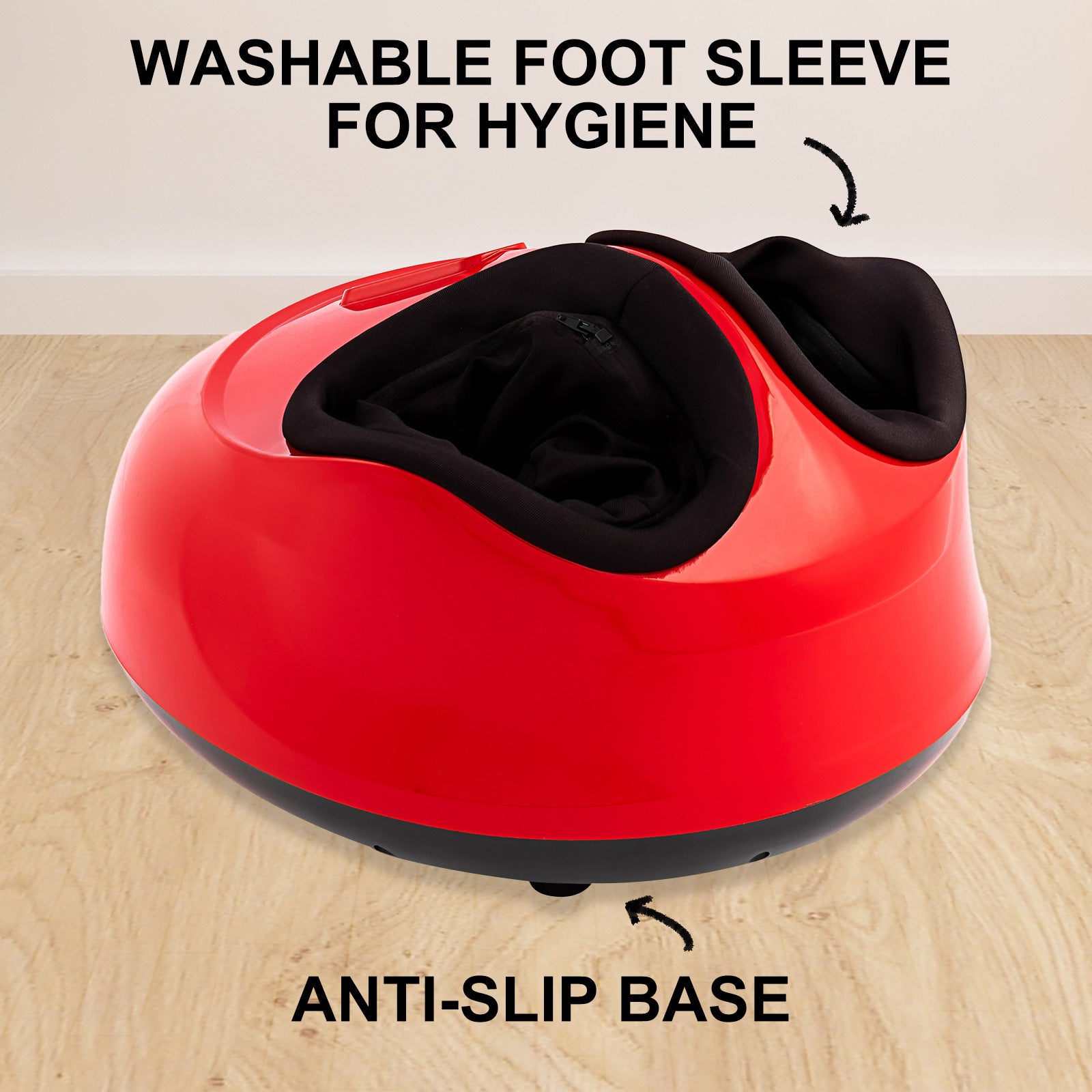 Forever Beauty Red Foot Massager featuring air compression, Shiatsu heat, and remote control for ultimate relaxation.