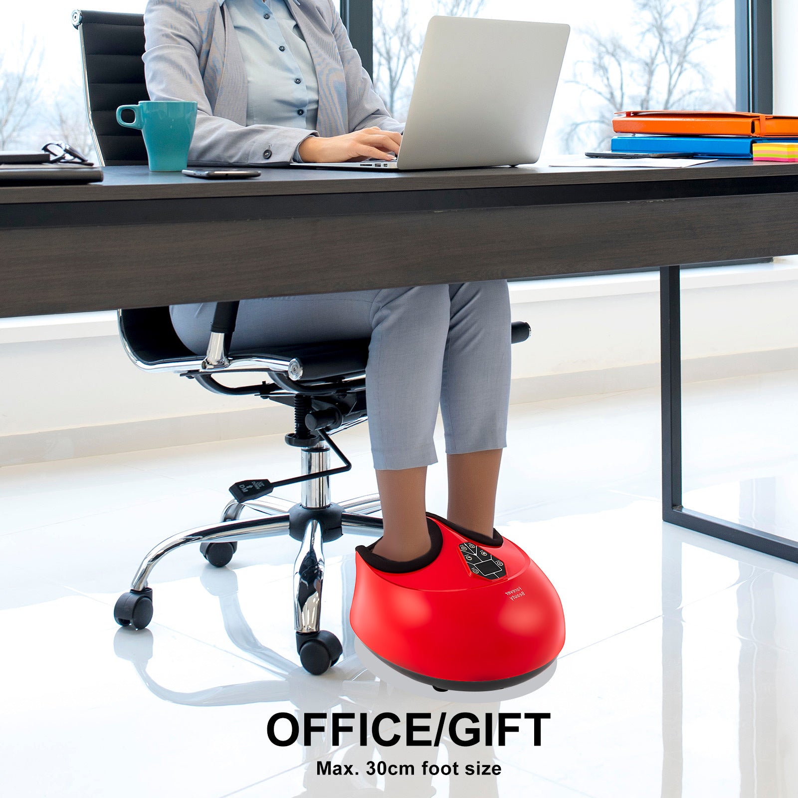 Forever Beauty Red Foot Massager featuring air compression, Shiatsu heat, and remote control for ultimate relaxation.