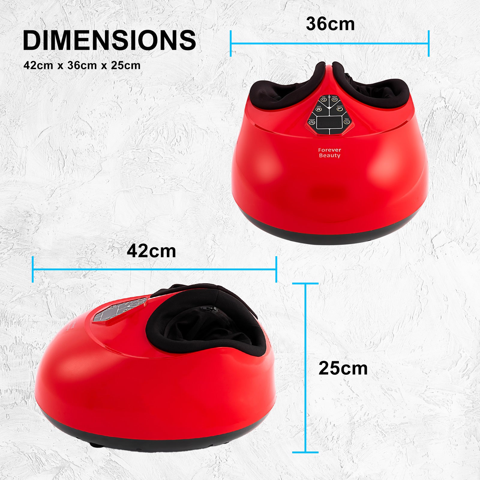 Forever Beauty Red Foot Massager featuring air compression, Shiatsu heat, and remote control for ultimate relaxation.