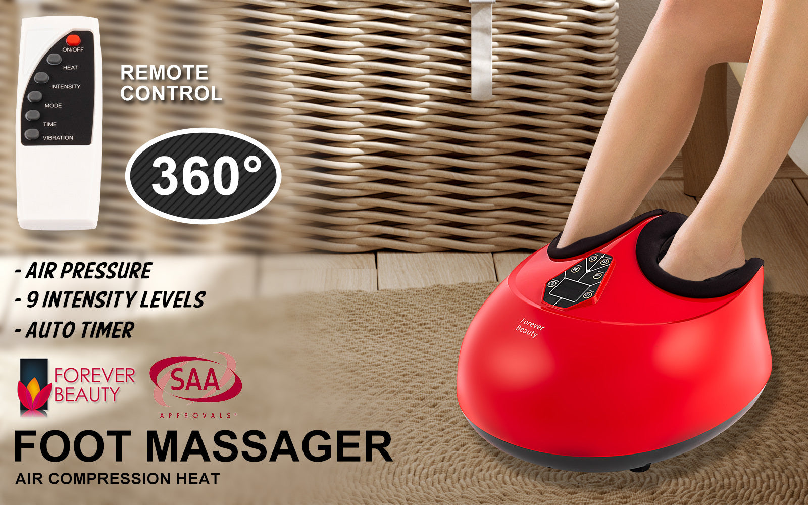 Forever Beauty Red Foot Massager featuring air compression, Shiatsu heat, and remote control for ultimate relaxation.