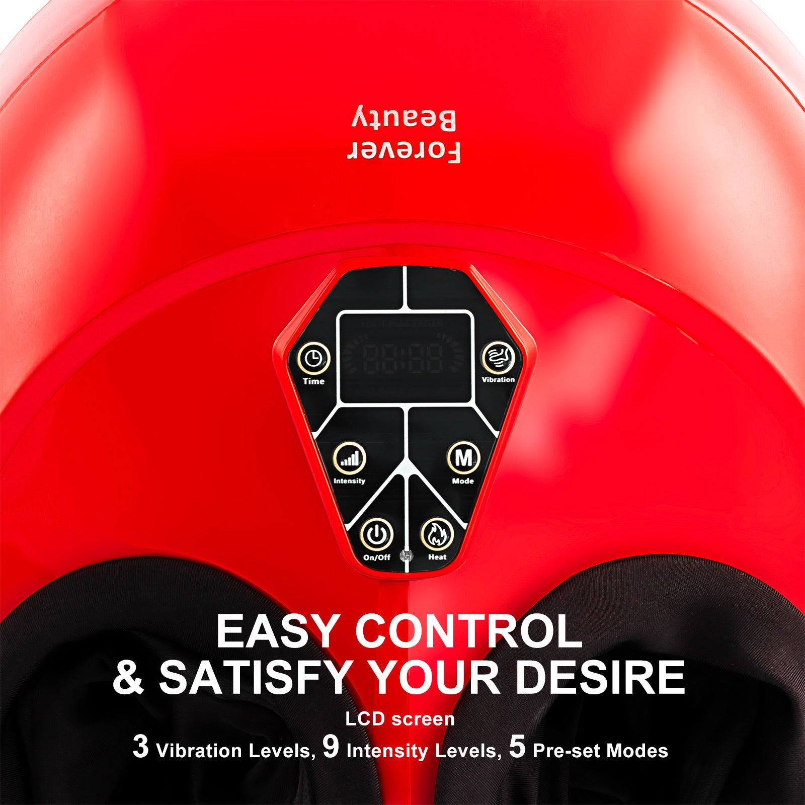 Forever Beauty Red Foot Massager featuring air compression, Shiatsu heat, and remote control for ultimate relaxation.