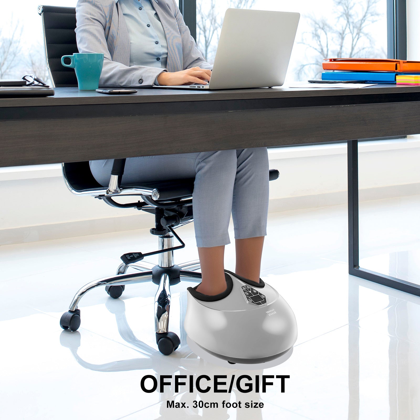 Forever Beauty Silver Foot Massager with air compression and shiatsu heat features, designed for ultimate foot relaxation.