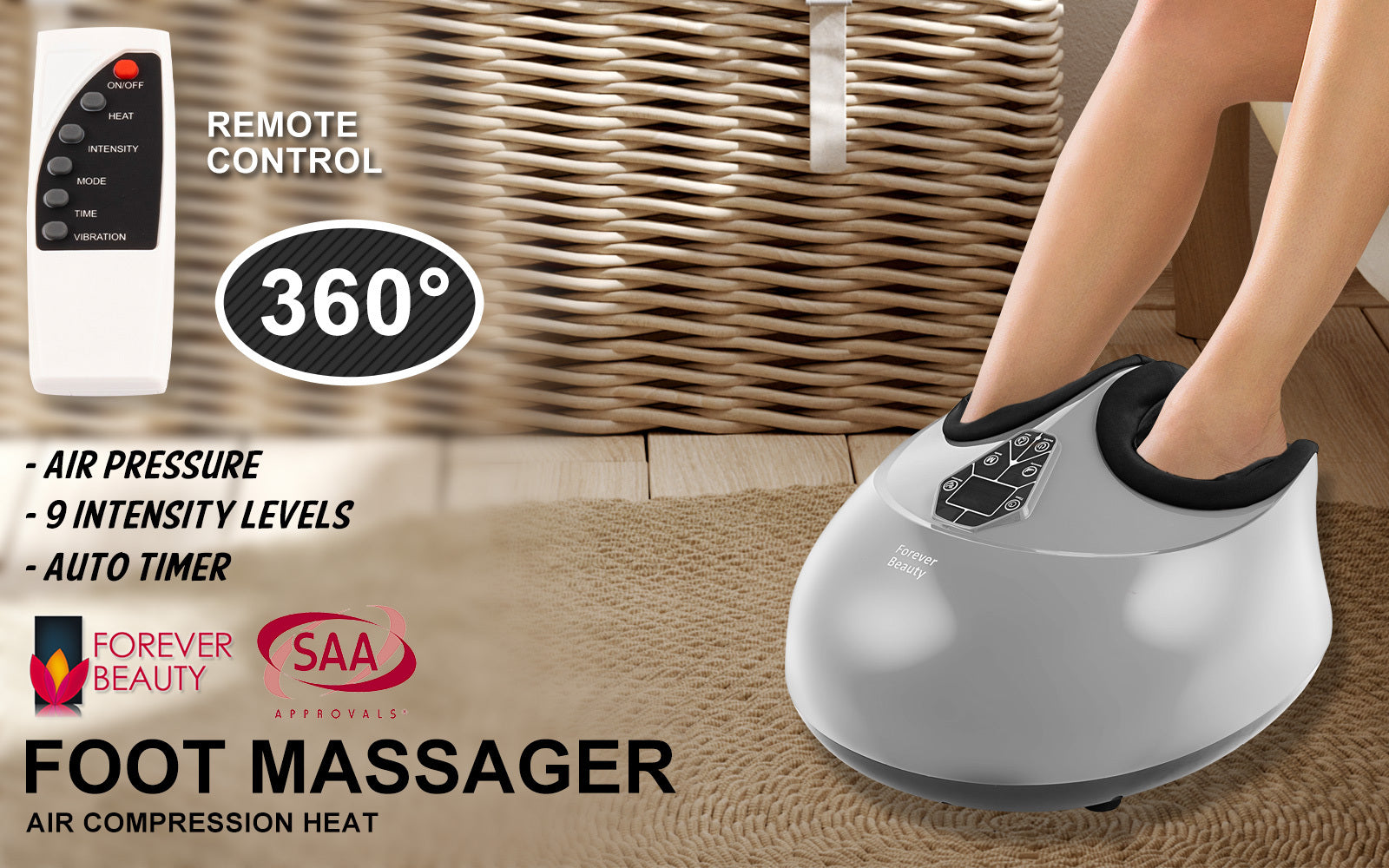 Forever Beauty Silver Foot Massager with air compression and shiatsu heat features, designed for ultimate foot relaxation.