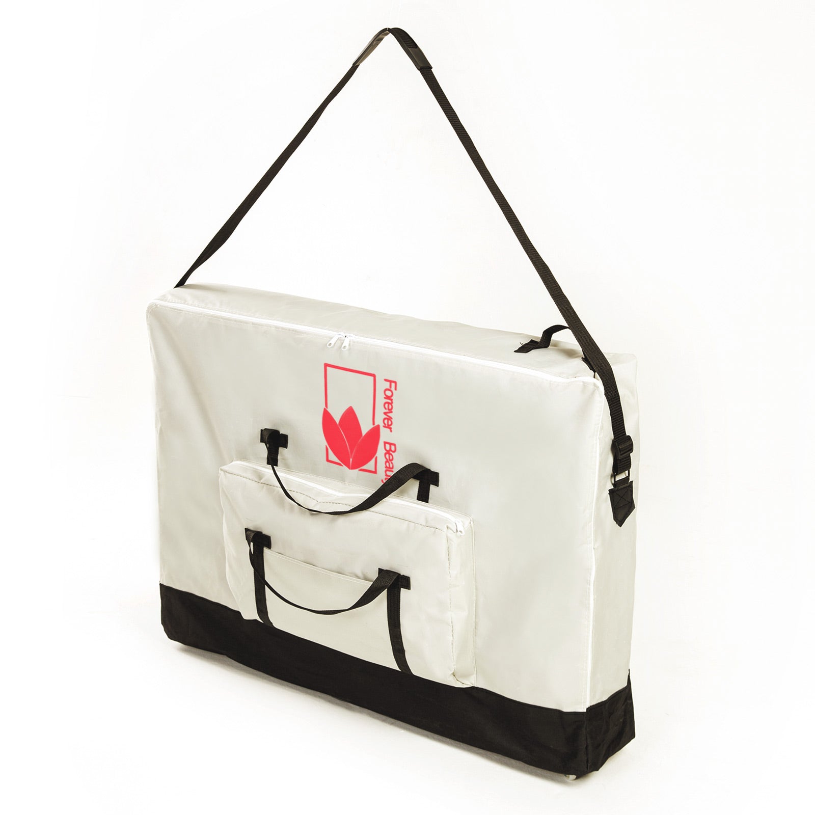 Forever Beauty White Massage Table Bed Delux Carry Bag with wheels, designed for easy transport of massage tables, featuring ergonomic straps and storage compartment.
