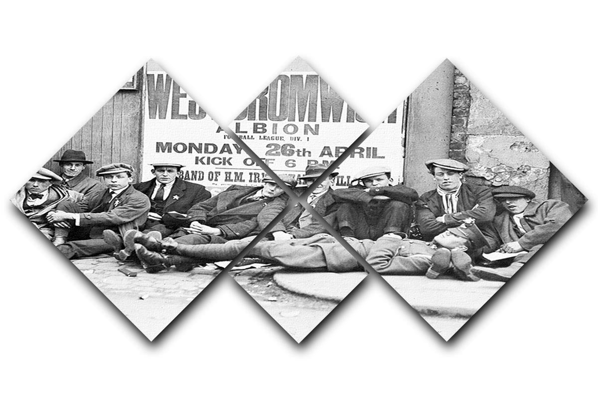 A vintage artwork depicting football fans queuing for a F.A. Cup match in 1920, divided into four equal square panels.