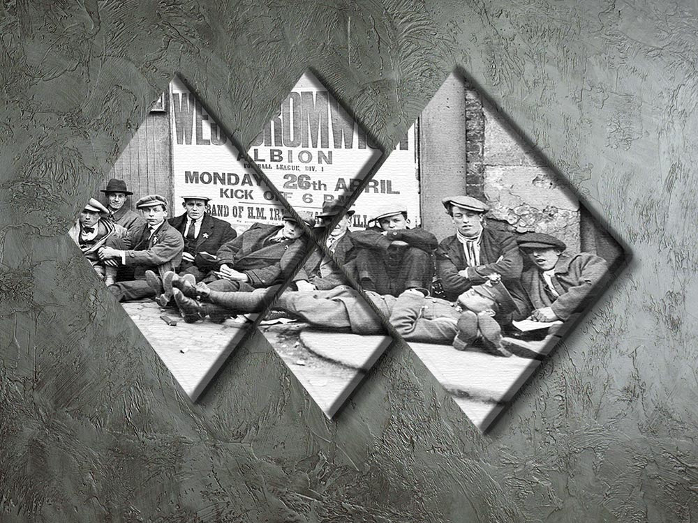 A vintage artwork depicting football fans queuing for a F.A. Cup match in 1920, divided into four equal square panels.