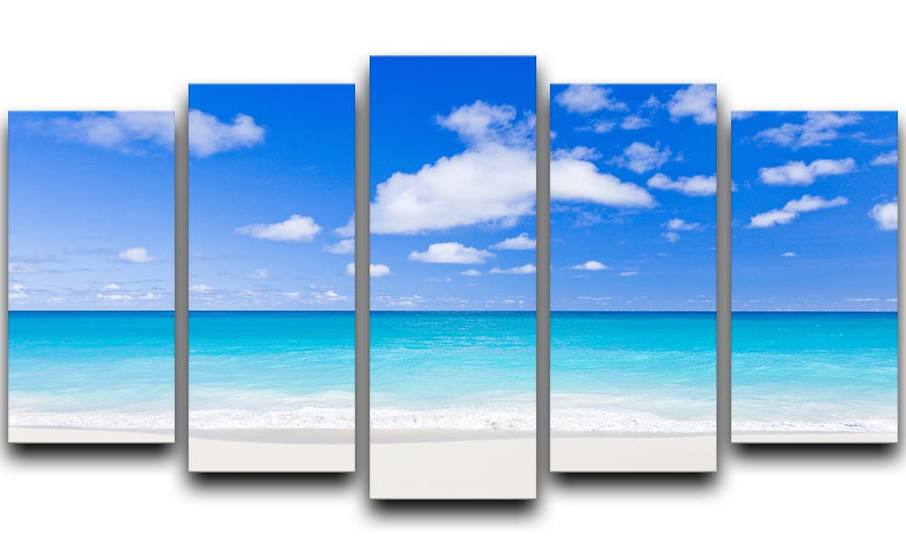Foul Bay Barbados 5 Split Panel Canvas artwork showcasing a vibrant beach scene divided into five panels.