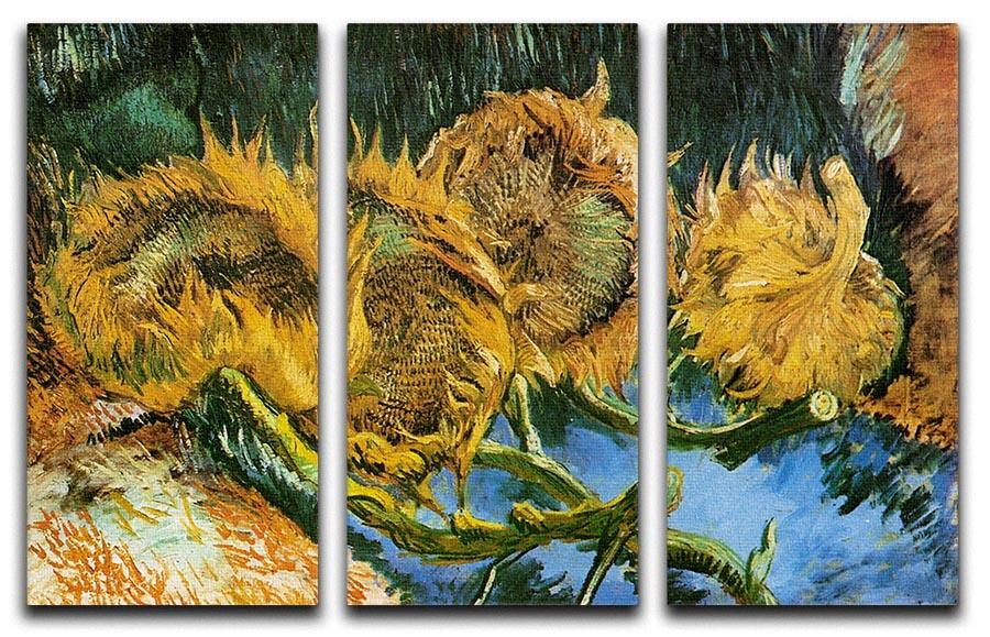 Three-panel canvas print featuring Van Gogh's Four Cut Sunflowers, showcasing vibrant colors and intricate details.