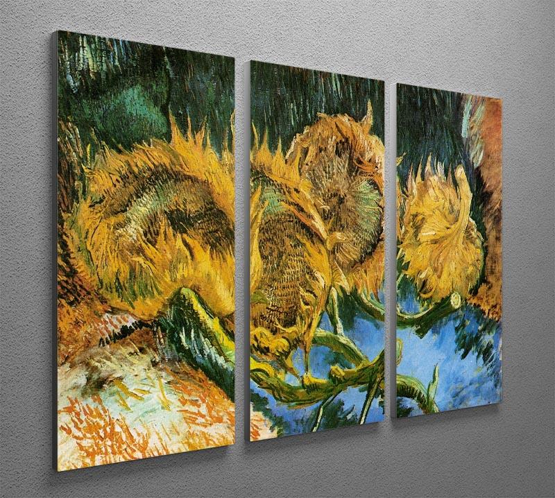 Three-panel canvas print featuring Van Gogh's Four Cut Sunflowers, showcasing vibrant colors and intricate details.